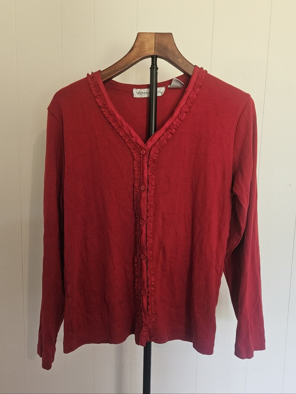 Victoria Jones Red Ruffle-Trim Button Cardigan Size Large